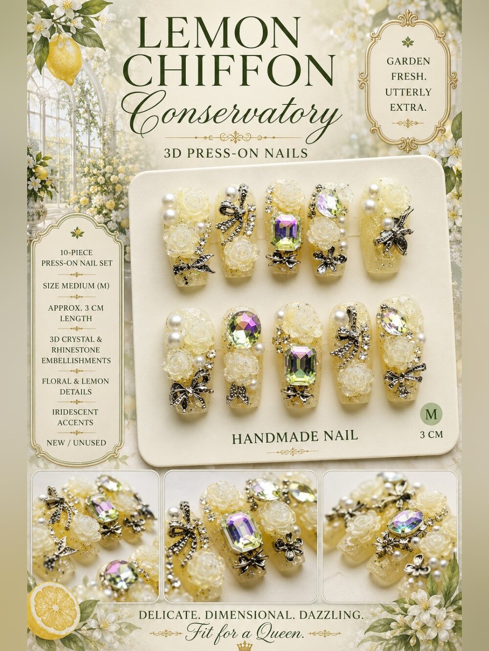 🍋 Lemon Chiffon Conservatory | 3D Floral Crystal Press-On Nails